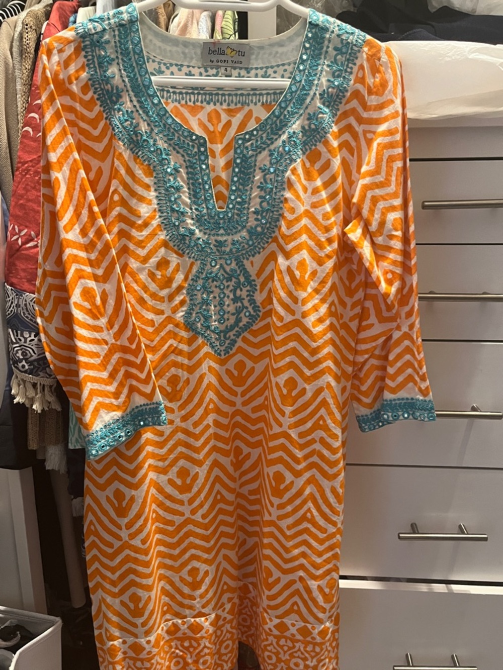 Bella D. Orange & Teal Embroidered Long Sleeve Tunic Dress